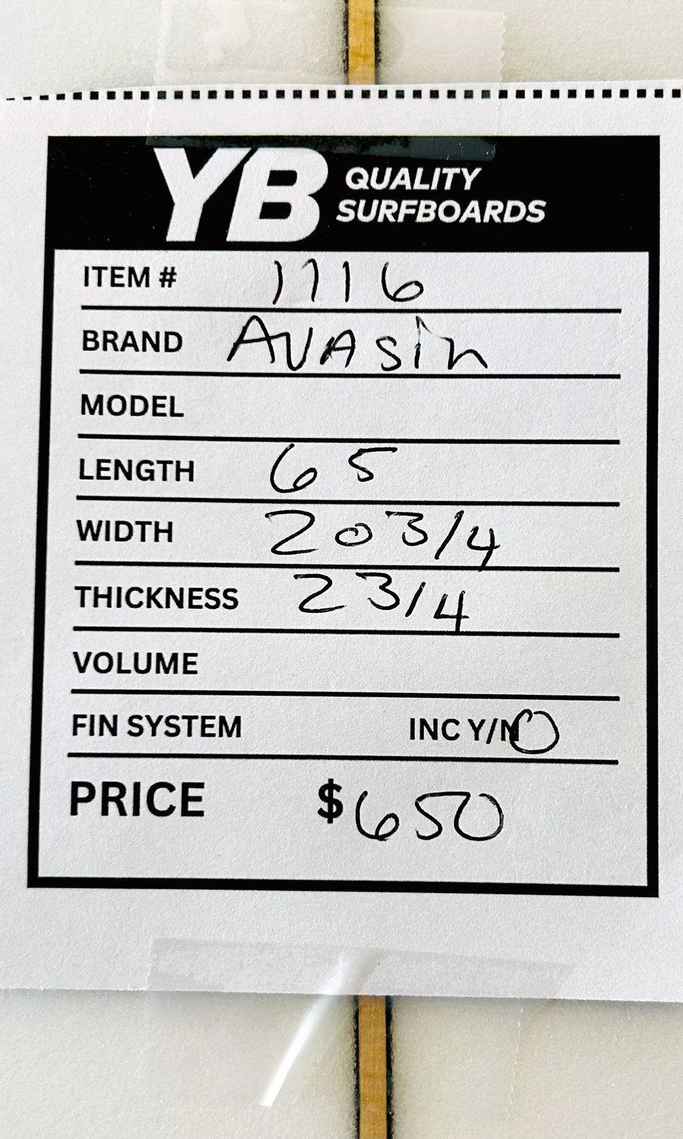 Avasin 6'5" 39L Used Surfboard