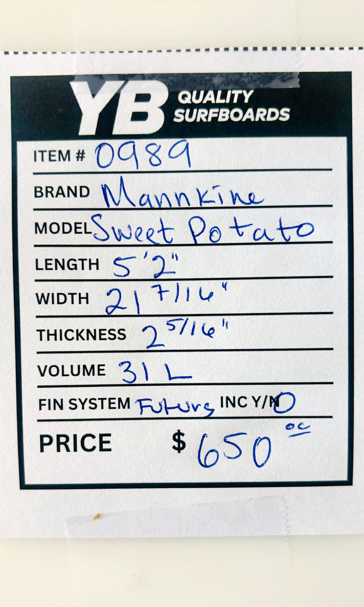 Mannkine 5'2" 31L Sweet Potato Used Surfboard