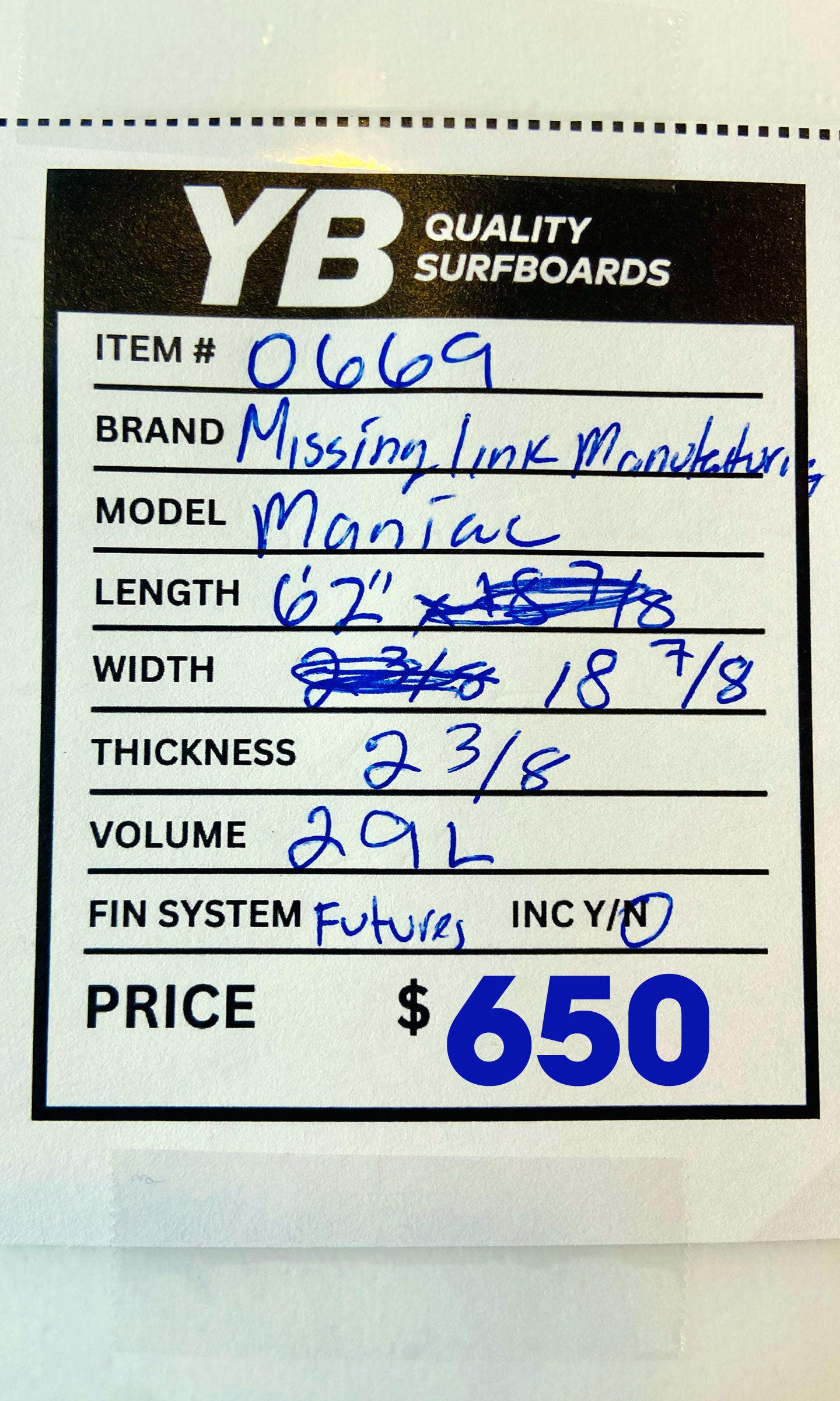 Missing Link 6'2" 29L Maniac Surfboard