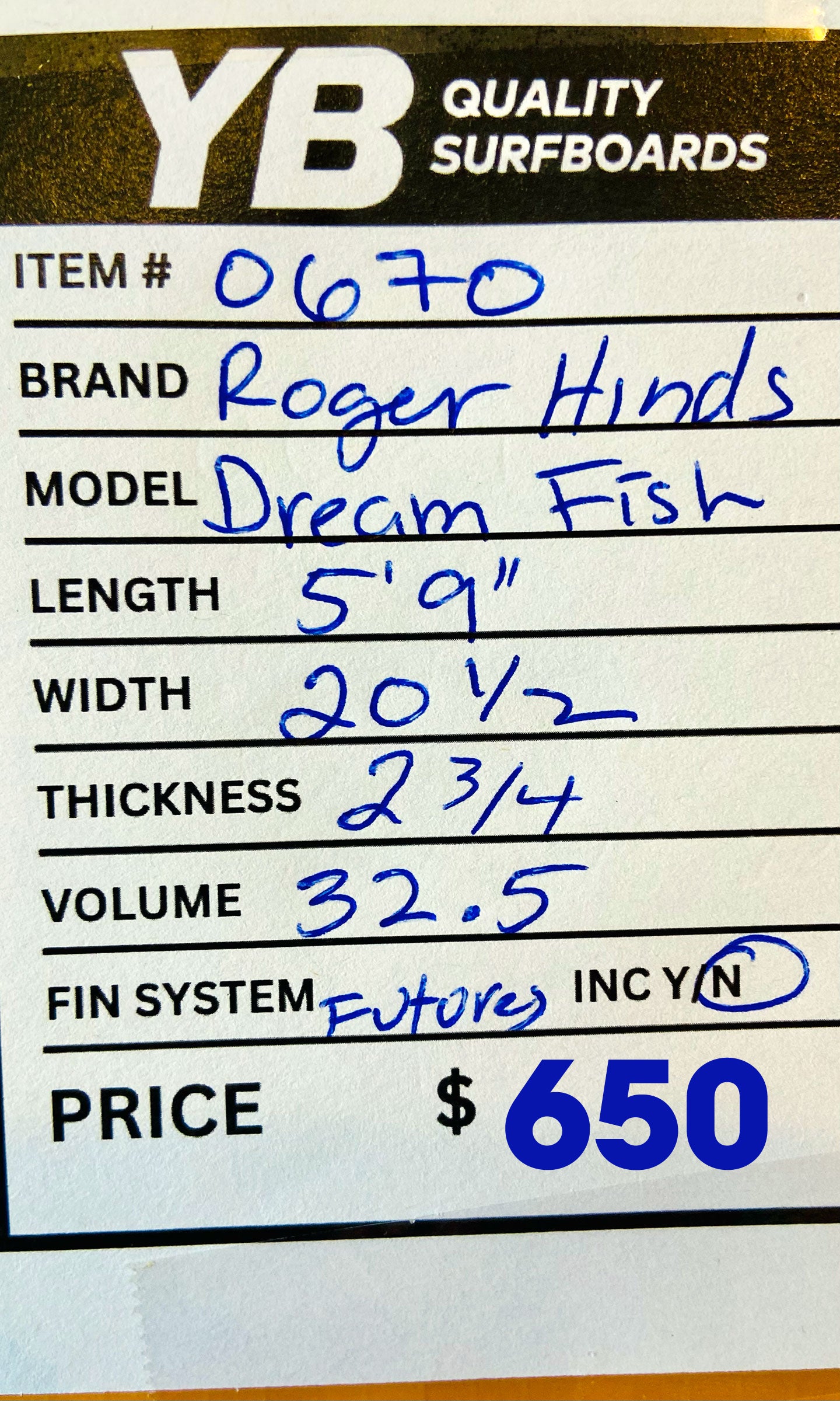 Roger Hinds 5'9" 32.5L Dream Fish Surfboard