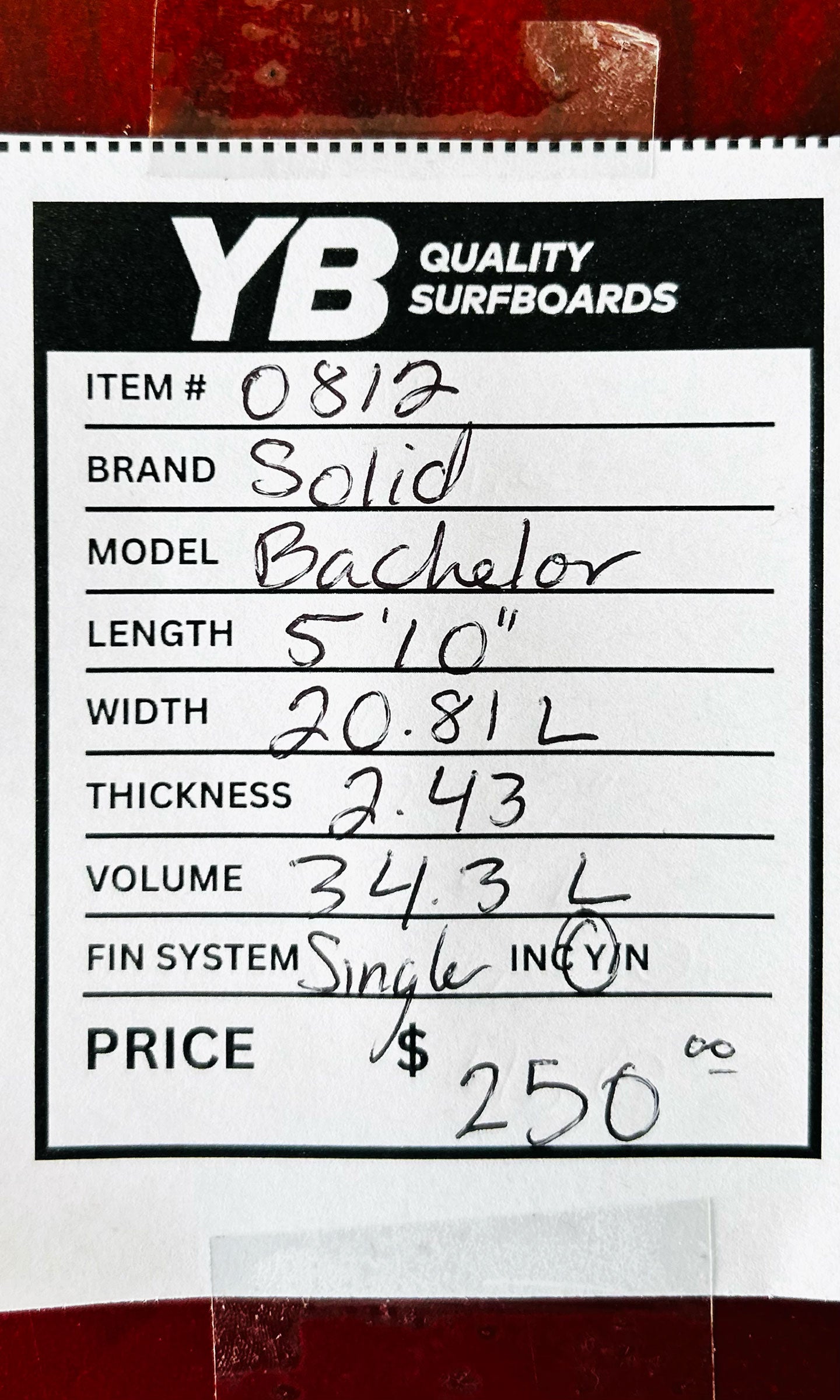 Solid 5'10" 34L Bachelor Model Used Surfboard