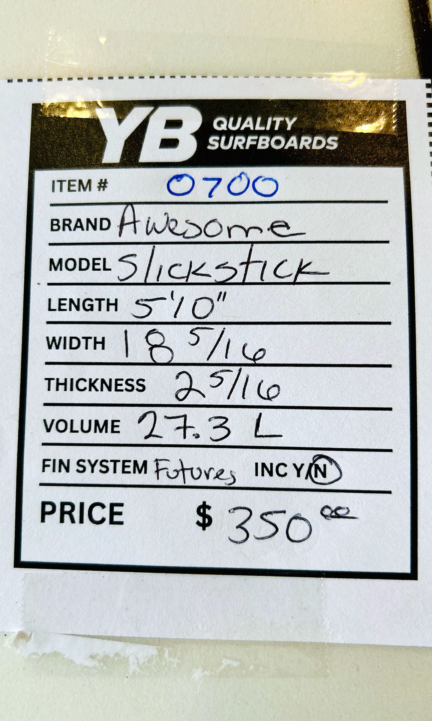 Awesome 5'10" 27.3L Slickstick Used Surfboard