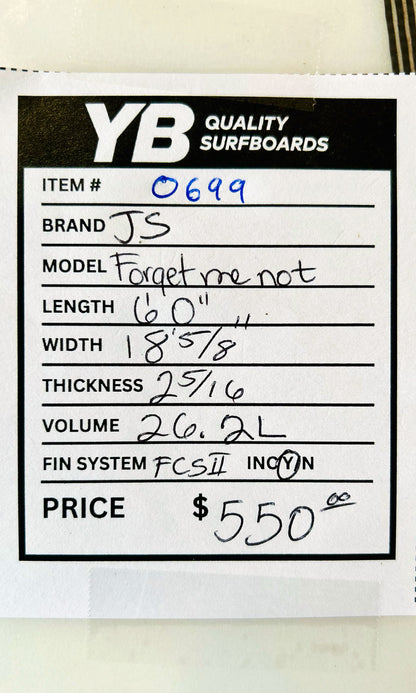 JS 6'0" 26.2L Forget Me Not Used Surfboard