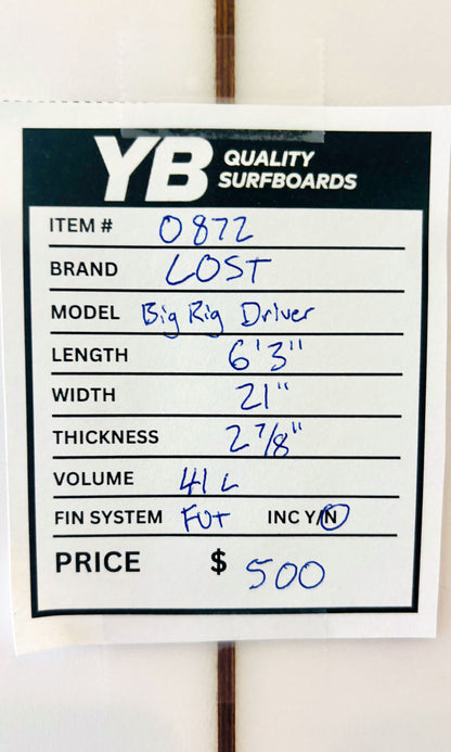 Lost 6'3" 41L Big Rig Driver Used Surfboard