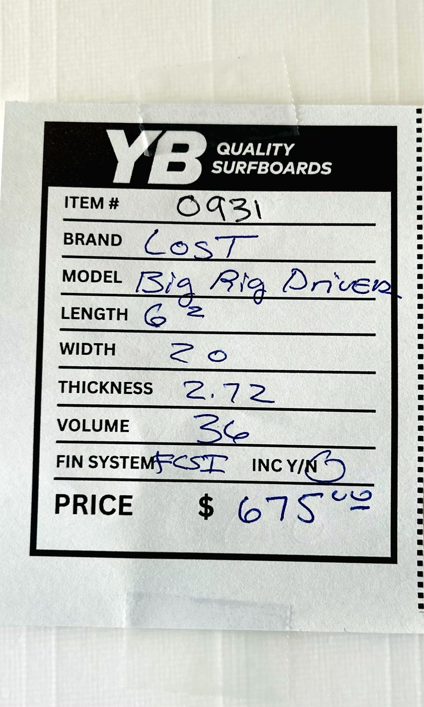 Lost 6'2" 36L Big Rig Driver Used Surfboard