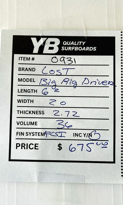 Lost 6'2" 36L Big Rig Driver Used Surfboard