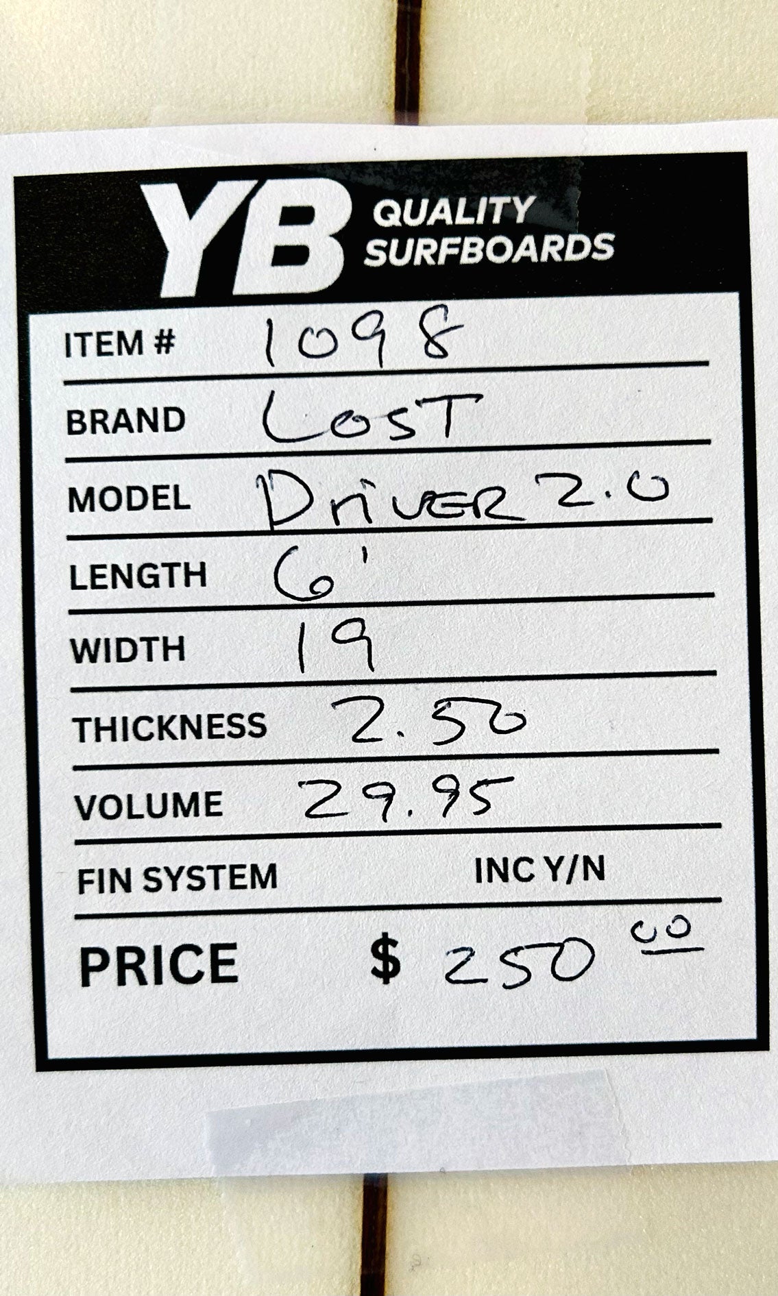 Lost 6'0" 29.95L Driver 2.0 Used Surfboard