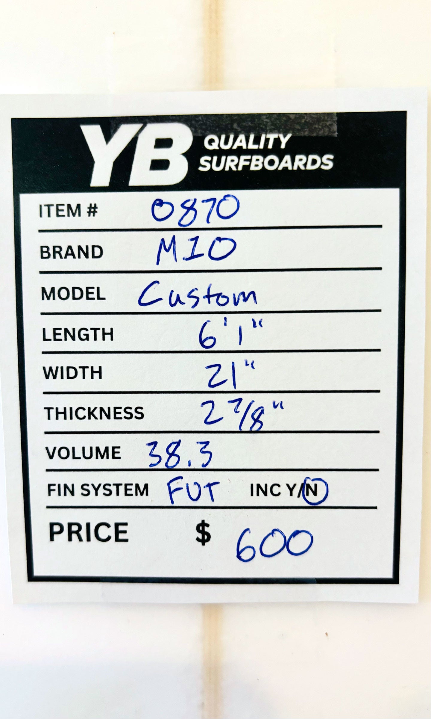 M10 6'1" 38.3L Munster Model Used Surfboard