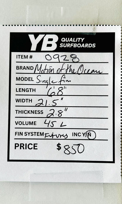 Motion of the Ocean 6'8" 45L Single Fin Egg New Surfboard