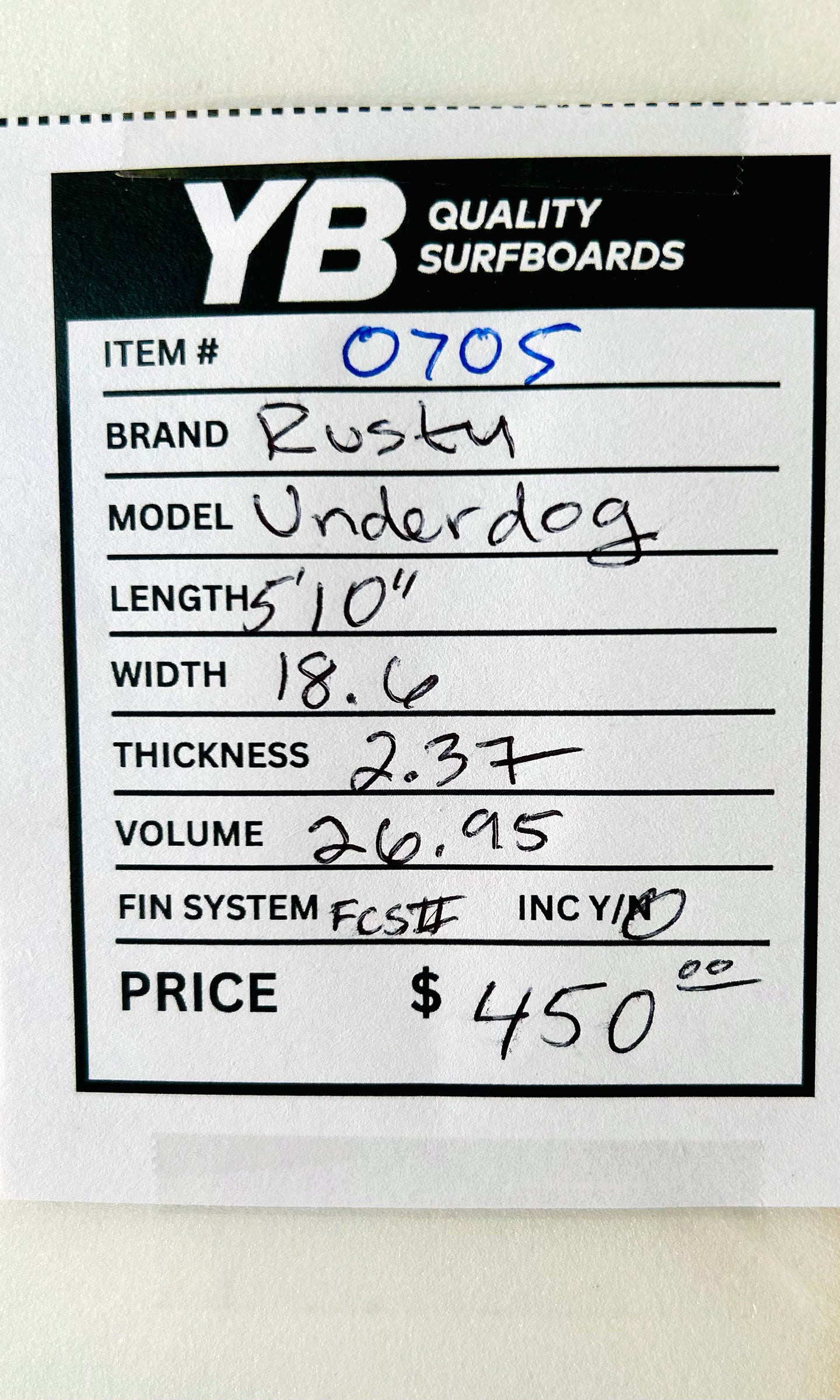 Rusty 5'10" 26.85L Underdog Used Surfboard