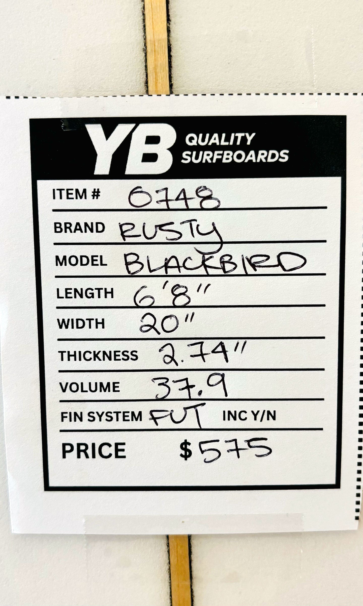 Rusty 6'8" 37.9L Blackbird Used Surfboard