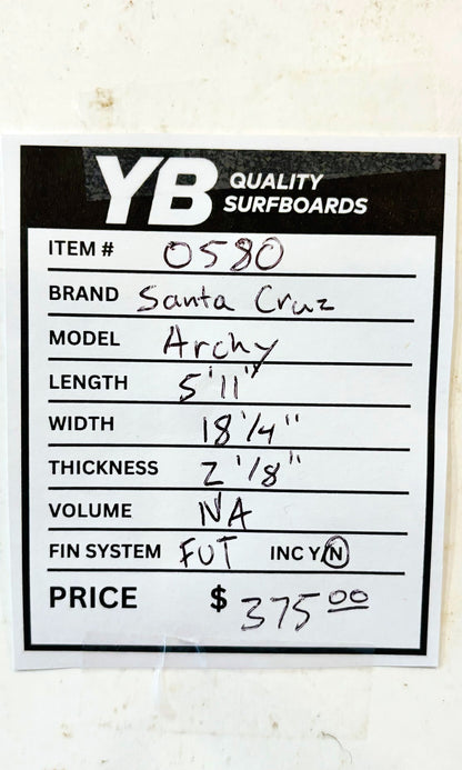 Santa Cruz Surfboards 5'11" 27L Archy Model Surfboard